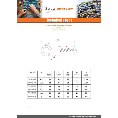 1 x Hook CUPBOARD 2.7X10 Thread Length: 8 Total Lengh 20 EPOXY White