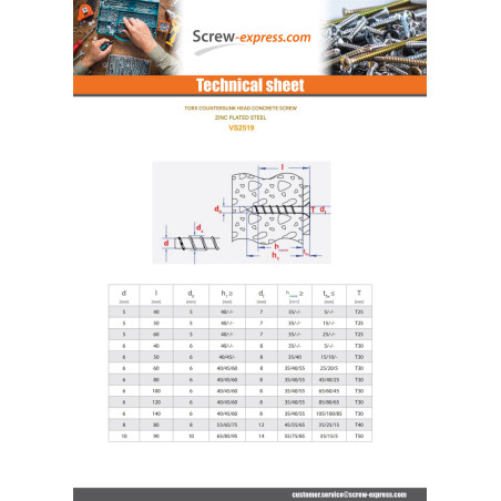 1 x Screw For Concrete Countersunk Head Torx 8X80 Zinc Plated