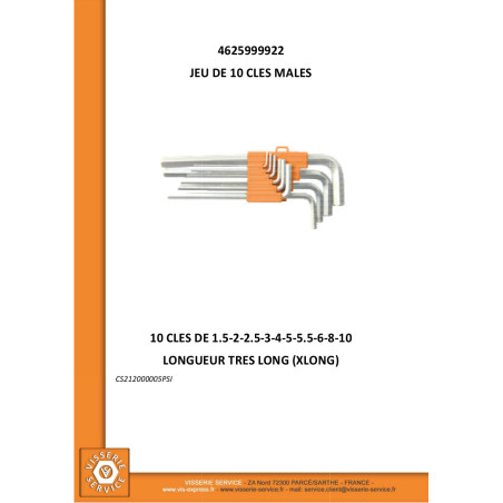 1 x Set of 10 KEYS MALES Hexagon Recess 1.5 to 10 Length XL