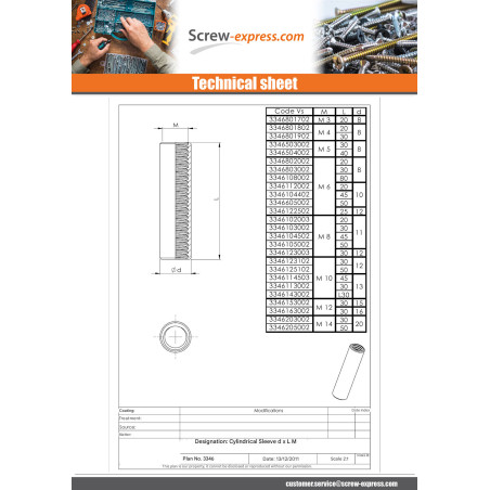 1 x Manchon Cylindrical M5X30 Diameter External 8 Zinc Plated