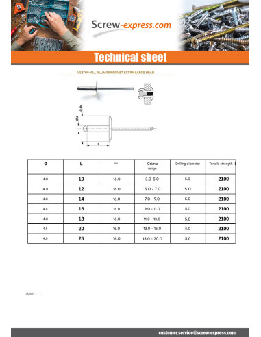 1 x Rivet alu 4.8X10 Thickness Of Panel 3 to 5...