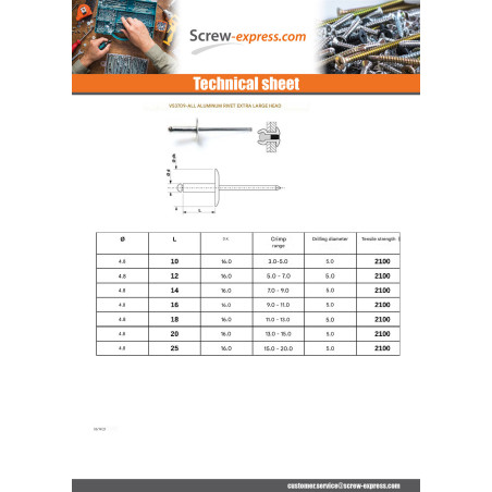 1 x Rivet alu 4.8X10 Thickness Of Panel 3 to 5 Extra Large Head YOUR