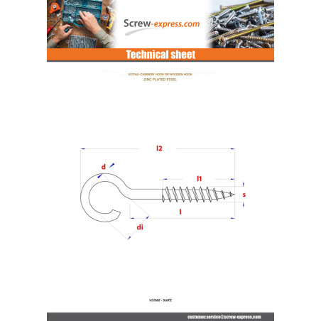 1 x Hook CUPBOARD 6X85 Thread Length: 36 Total Lengh 120 Zinc Plated