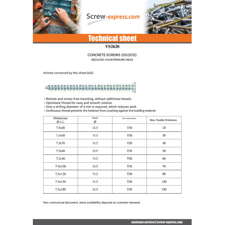 1 x Screw Concrete Countersunk Head Reduced 7.5X80 T30 Zinc Plated