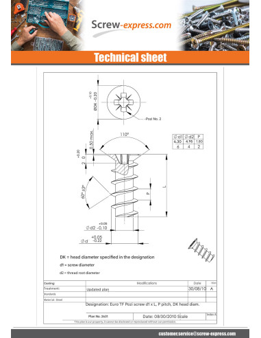 1 x Euro screw Countersunk Head Pozi 6X30 Head...