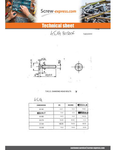 1 x Carriage Bolt Head DIAMOND M8X60 Steel
