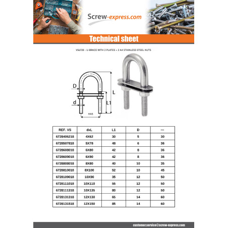 1 x U-Bolt In U With Double PLATES Stainless Steel A4 10X90