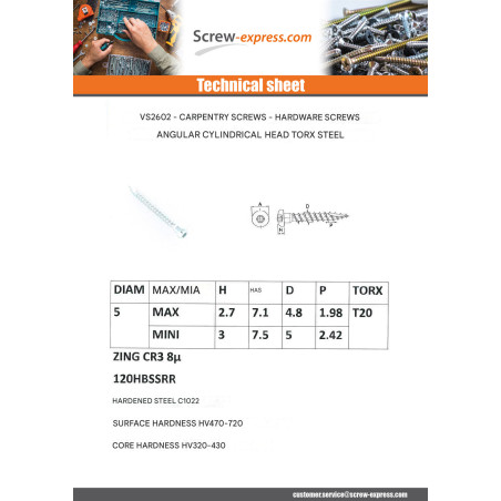 1 x Screw HARDWARE ANGULAR Pan Head T20 cut Type 17 Drilling Point Zinc Plated 5X35