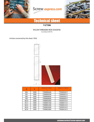 1 x Threaded Rod M8 Length 1 Meter natural nylon