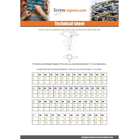 1 x Clamping handle black nylon MALE M6X25