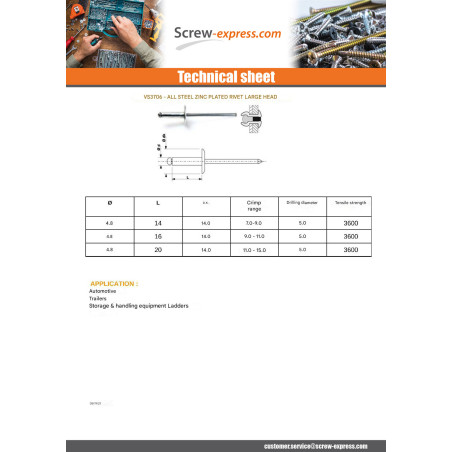 1 x Rivet Steel/ steel ZING 4.8X20 Thickness Of Panel 11 to 15 Large Head