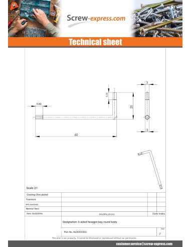 1 x Allen Key Of 3 ROUND BODY Zinc Plated