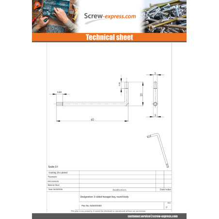 1 x Allen Key Of 3 ROUND BODY Zinc Plated