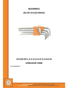 Set of 10 KEYS MALES Hexagon Recess 1.5 to 10 Length long