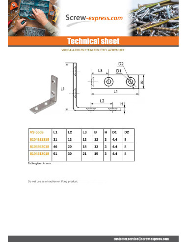1 x Bracket 31X31X13 4 Hole Stainless Steel A2