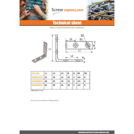 1 x Bracket 31X31X13 4 Hole Stainless Steel A2