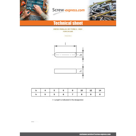 1 x Parallel Key High Type Stainless Steel A5 8X7 Length 45