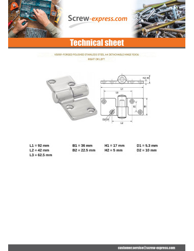 1 x Hinge lift-off hinge Right Stainless Steel...
