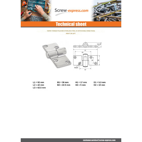 1 x Hinge lift-off hinge Right Stainless Steel A4 92X36