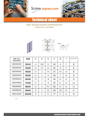1 x Hinge Rectangular 50X30 Stainless Steel