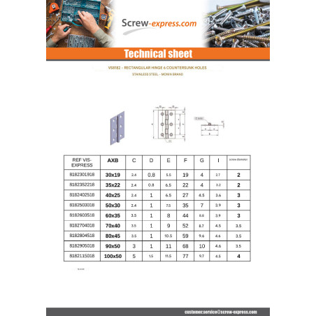 1 x Hinge Rectangular 30X19 Stainless Steel