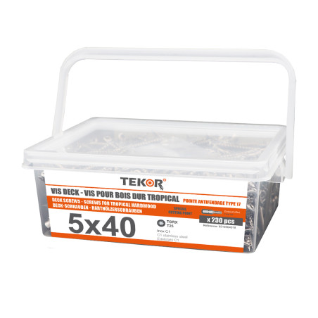 1 x Bucket of 230 Decking Screw TEKOR 5X40 cut Type 17 Drilling Point Stainless Steel C1 AISI 410 Countersunk Head T25