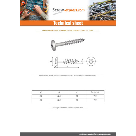 1 x Head Facade Screws T20 4.8X25 Head Diameter: 12.3 Stainless Steel A2 Ral1013/Oyster White