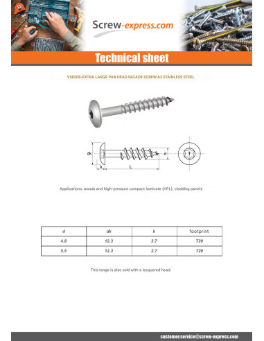 1 x Head Facade Screws T20 4.8X25 Head...