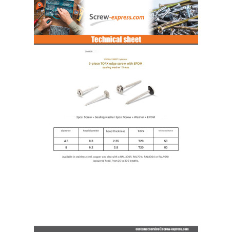 1 x Rsd Csk Woodscrews Bonded Sealing Washer Pan Countersunk Head T20 Stainless Steel A2 4.5X20 Neoprene Bonded Sealing