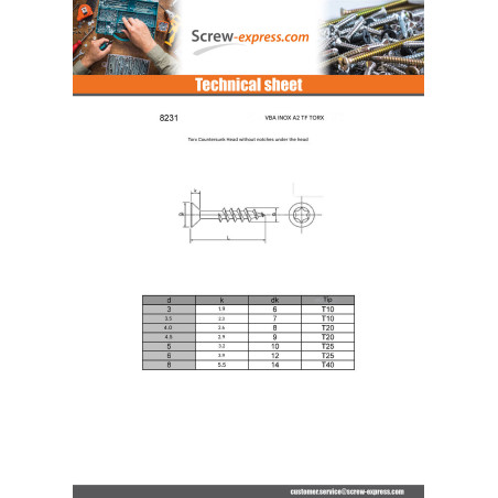 1 x Savis Chipsboard Screw Stainless Steel A2 Countersunk Head 6X50 Thread Length: 30 T25