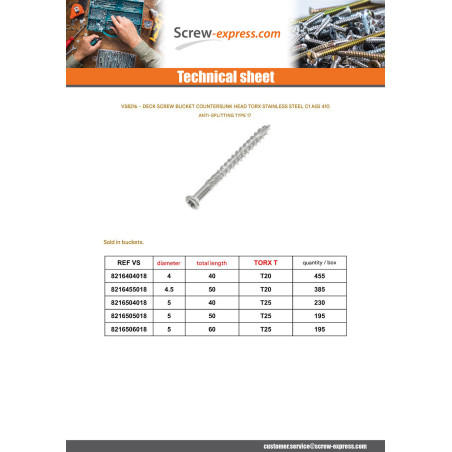 1 x Bucket of 195 Decking Screw TEKOR 5X60 cut Type 17 Drilling Point Stainless Steel C1 AISI 410 Countersunk Head T25