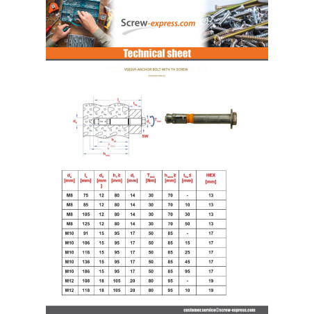 1 x Bolt With Nut Anchor M8X105 With Machine Screw Hexagonal Head Stainless Steel A4