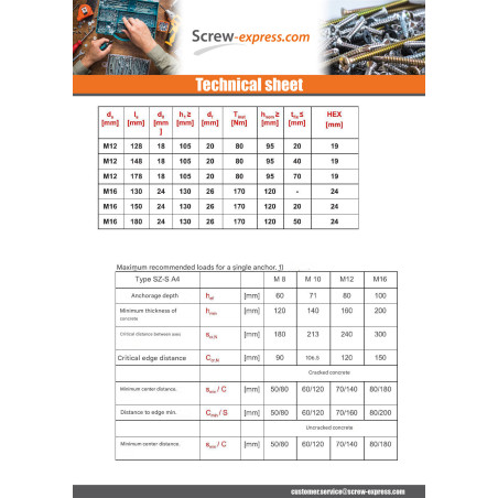 1 x Bolt With Nut Anchor M8X105 With Machine Screw Hexagonal Head Stainless Steel A4