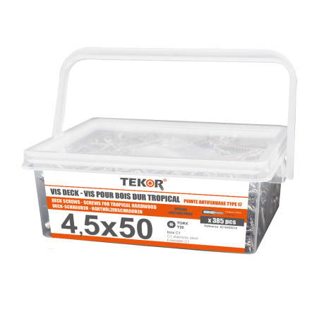 1 x Bucket of 385 Decking Screw TEKOR 4.5X50 cut Type 17 Drilling Point Stainless Steel C1 AISI 410 Countersunk Head