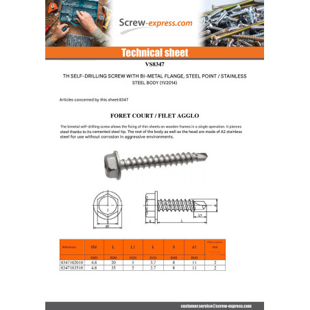 1 x Self Drilling Bimetal Hexagonal Head Flange Drill SHORT 4.8X20