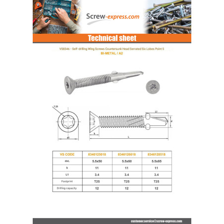 1 x Self Drilling Bimetal Countersunk Head T25 Drill long 5.5X50