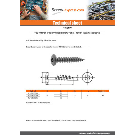 1 x Screw Truss Security T30 with pin 6X50 Stainless Steel A2