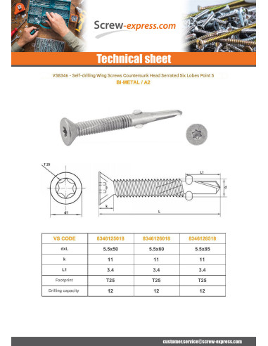 1 x Self Drilling Bimetal Countersunk Head T25...