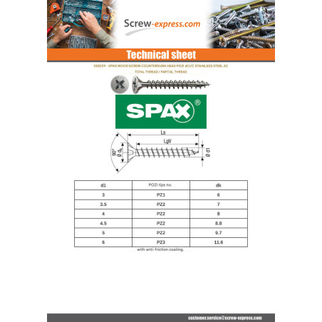 1 x Spax Wood Screw 4CUT Countersunk Head Pozi 2 Stainless Steel A2 4X50 Full Thread