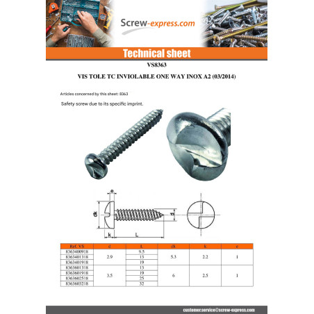 1 x Thread Rolling Screw Security Pan Head ONE WAY 4.8X38 Stainless Steel A2