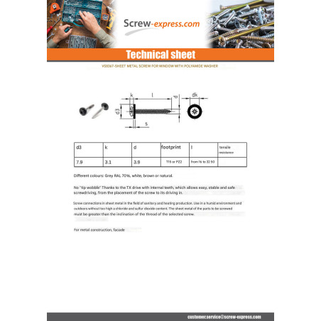 1 x Thread Rolling Screw Pan Head T15 + Washer Nylon 3.9X16 Stainless Steel A2 Ral7016/Anthracite Grey