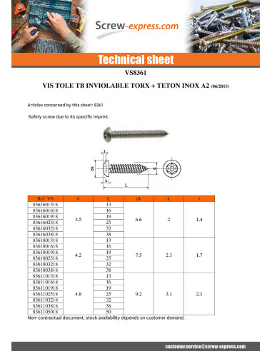 1 x Thread Rolling Screw Security Stainless...