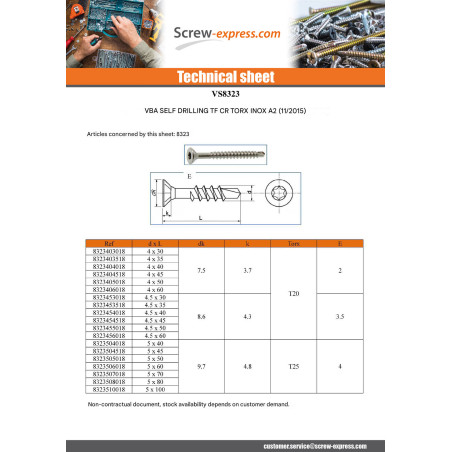 1 x Chipboard Screw Self Drilling Countersunk Head With Serration 4.5X45 T20 Stainless Steel A2