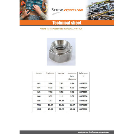 1 x Rivet Bushes Hexagonal M3 Thickness Material 20 Stainless Steel A2