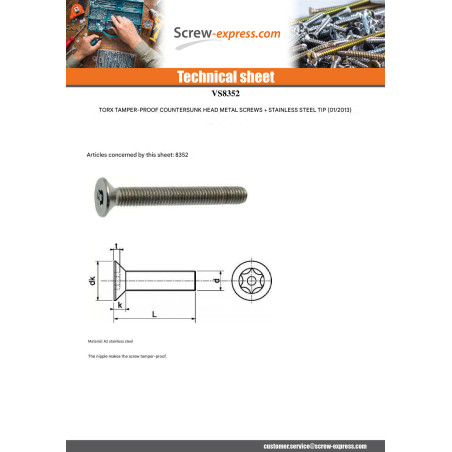 1 x Machine Screw Stainless Steel A2 Security Countersunk Head T25 + Dog Point M5X40