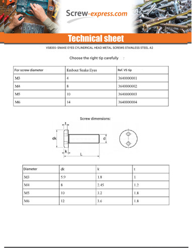 1 x Machine Screw Security Pan Head SNAKE EYE...