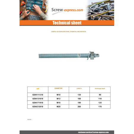 1 x Threaded Rod Anchor CHEMICAL M12X160 Stainless Steel A4