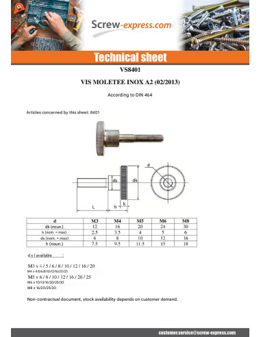 1 x Knurled Screw M4X20 Stainless Steel A1