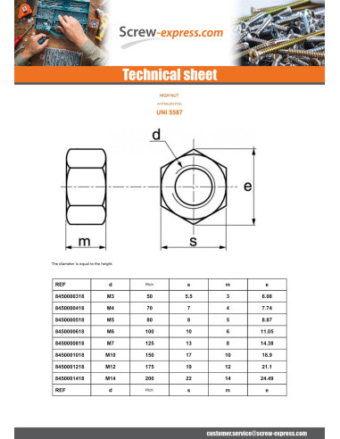 1 x Nut Hh M6 Thickness 6 Stainless Steel A4