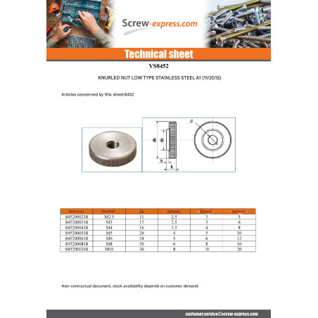 1 x Nut MOLETES Type Thin M3 Stainless Steel A1
